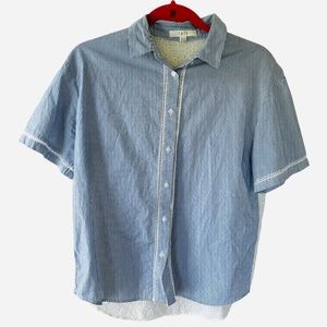 Light Blue and White Striped Button Down Blouse by TATE White Lacing in the Back